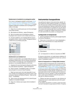 Page 536536
Empezando por la base
Estableciendo la tonalidad de un pentagrama partido
Si vd. tiene un pentagrama dividido en dos (véase “Penta-
gramas partidos (de piano)” en la página 561 y “Estrate-
gias: ¿Cuántas voces necesito?” en la página 574) puede 
establecer diferentes tonalidades para el pentagrama de 
arriba y el de abajo.
1.Haga clic en el sistema para que uno de sus pentagra-
mas quede activado.
2.Abra Ajustes de Partitura - página Pentagrama.
3.Elija una armadura para el pentagrama superior.
El...