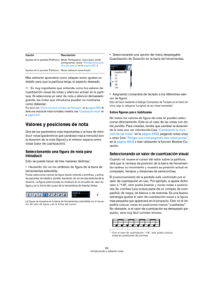 Page 551551
Introduciendo y editando notas
Más adelante aprenderá como adaptar estos ajustes en 
detalle para que la partitura tenga el aspecto deseado.
ÖEs muy importante que entienda como los valores de 
cuantización visual de notas y silencios actúan en la parti-
tura. Si selecciona un valor de nota o silencio demasiado 
grande, las notas que introduzca pueden no mostrarse 
como deberían. 
Por favor, lea “Cómo funciona el Editor de Partituras” en la página 520. Si 
tiene una mezcla de notas normales y...