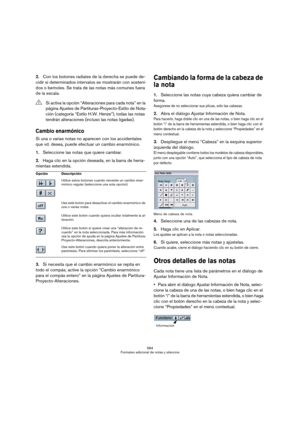 Page 584584
Formateo adicional de notas y silencios
2.Con los botones radiales de la derecha se puede de-
cidir si determinados intervalos se mostrarán con sosteni-
dos o bemoles. Se trata de las notas más comunes fuera 
de la escala.
Cambio enarmónico
Si una o varias notas no aparecen con los accidentales 
que vd. desea, puede efectuar un cambio enarmónico.
1.Seleccione las notas que quiere cambiar.
2.Haga clic en la opción deseada, en la barra de herra-
mientas extendida.
3.Si necesita que el cambio enarmónico...