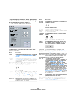 Page 585585
Formateo adicional de notas y silencios
Si el diálogo Ajustar Información de Nota ya está abierto, 
simplemente seleccione las notas deseadas, haga los ajus-
tes correspondientes y haga clic en Aplicar.
Los ajustes se aplicarán a todas las notas seleccionadas.
El diálogo Ajustar Información de Nota contiene los si-
guientes parámetros:
Opción Descripción
Cabeza Utilizado para escoger diferentes cabezas de notas (vea 
“Cambiando la forma de la cabeza de la nota” en la pá-
gina 584).
Tablatura
y...