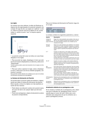 Page 612612
Trabajando con símbolos
Las reglas 
Al contrario que otros editores, el editor de Partituras no 
dispone de una regla basada en la posición temporal o de 
compás. En lugar de ello, sus reglas son “gráficas”, es de-
cir, indican la posición real de los objetos en las coorde-
nadas x-y, siendo el punto “cero” la esquina superior 
izquierda.
La posición actual del cursor se indica con unas líneas 
delgadas en las reglas.
Para esconder las reglas, despliegue el menú que está 
encima de la barra...