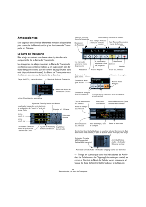 Page 6464
Reproducción y la Barra de Transporte
Antecedentes
Este capítulo describe los diferentes métodos disponibles 
para controlar la Reproducción y las funciones de Trans-
porte en Cubase.
La Barra de Transporte
Más abajo encontrará una breve descripción de cada 
componente de la Barra de Transporte.
Las imágenes de abajo muestran la Barra de Transporte 
con todos sus controles visibles y en su posición por de-
fecto (tenga en cuenta que el control de Jog/Shuttle sólo 
está disponible en Cubase). La Barra...