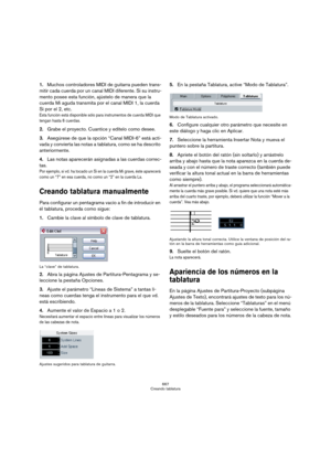 Page 667667
Creando tablatura
1.Muchos controladores MIDI de guitarra pueden trans-
mitir cada cuerda por un canal MIDI diferente. Si su instru-
mento posee esta función, ajústelo de manera que la 
cuerda Mi aguda transmita por el canal MIDI 1, la cuerda 
Si por el 2, etc. 
Esta función está disponible sólo para instrumentos de cuerda MIDI que 
tengan hasta 6 cuerdas.
2.Grabe el proyecto. Cuantice y edítelo como desee.
3.Asegúrese de que la opción “Canal MIDI-6” está acti-
vada y convierta las notas a tablatura,...