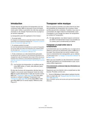 Page 119119
Les fonctions de transposition
Introduction
Cubase dispose de fonctions de transposition pour les 
conteneurs audio, MIDI et instrument et pour les événe-
ments audio. Celles-ci permettent de créer des variations 
musicales ou de changer l’harmonie de tout un projet ou 
de sections séparées. 
La transposition peut être appliquée à trois niveaux :
Au projet entier
En changeant la fondamentale du projet dans la barre d’outils de la fenê-
tre de Projet, tout le projet sera transposé (voir “Transposer un...