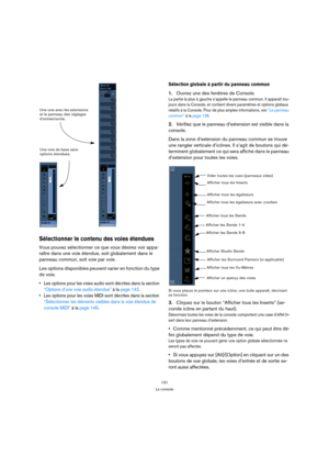Page 131131
La console
Sélectionner le contenu des voies étendues 
Vous pouvez sélectionner ce que vous désirez voir appa-
raître dans une voie étendue, soit globalement dans le 
panneau commun, soit voie par voie. 
Les options disponibles peuvent varier en fonction du type 
de voie.
 Les options pour les voies audio sont décrites dans la section 
“Options d’une voie audio étendue” à la page 142.
 Les options pour les voies MIDI sont décrites dans la section 
“Sélectionner les éléments visibles dans la voie...