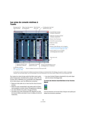 Page 135135
La console
Les voies de console relatives à 
l’audio
Sur toutes les voies de type audio (qu’elles soient audio, 
piste d’instrument; d’entrée/sortie, groupe, retour FX, Ins-
trument VST et ReWire), les commandes sont disposées 
de la même façon, avec les différences suivantes :
 Seules les voies audio ont un menu local de choix de source 
d’entrée
 Seules les voies correspondant à des pistes audio et d’instru-
ment possèdent un bouton Activer l’Enregistrement et Monitor. 
 Les voies d’Entrée et de...