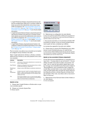 Page 1717
Connexions VST : Configurer les bus d’entrée et de sortie
 L’onglet FX Externes (Cubase uniquement) permet de créer 
des bus de départ/retour effets pour la connexion d’effets ex-
ternes qui pourront être sélectionnés via les menus locaux 
d’effet du programme. Voir “Instruments/effets externes (Cu-
base uniquement)” à la page 22 et “Utilisation d’effets exter-
nes (Cubase uniquement)” à la page 190 pour de plus amples 
informations.
 L’onglet Instruments Externes (Cubase uniquement) permet de 
créer...