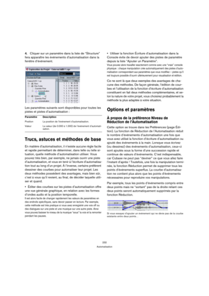 Page 232232
Automatisation
4.Cliquer sur un paramètre dans la liste de “Structure” 
fera apparaître les événements d’automatisation dans la 
fenêtre d’événement.
Les paramètres suivants sont disponibles pour toutes les 
pistes et pistes d’automatisation :
Trucs, astuces et méthodes de base
En matière d’automatisation, il n’existe aucune règle facile 
et rapide permettant de déterminer, dans telle ou telle si-
tuation, quelle méthode d’automatisation utiliser. Vous 
pouvez très bien, par exemple, ne jamais ouvrir...