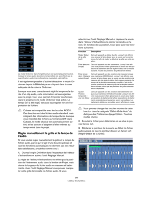 Page 269269
L’éditeur d’échantillons Le mode Ordonner dans l’onglet Lecture est automatiquement activé, 
lorsque le tempo audio (positions temporelles) est spécifié et que la 
quantification audio interne (positions musicales) a été définie.
Il est également possible d’activer/désactiver le mode Or-
donner depuis la Bibliothèque en cliquant dans la case 
adéquate de la colonne Ordonner. 
Lorsque vous avez correctement réglé le tempo ou la du-
rée d’un clip audio, cette information est sauvegardée 
avec le...