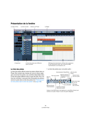 Page 2929
La fenêtre Projet
Présentation de la fenêtre
La liste des pistes
La liste des pistes affiche toutes les pistes utilisés dans un 
Projet. Elle contient des champs de noms et divers régla-
ges concernant les pistes. Les contrôles disponibles dans 
la liste des pistes diffèrent selon le type de piste. Pour voir 
tous les contrôles, il sera peut-être nécessaire de redimen-
sionner la piste dans la liste des pistes (voir “Redimension-
ner des pistes dans la liste des pistes” à la page 38):La liste des...