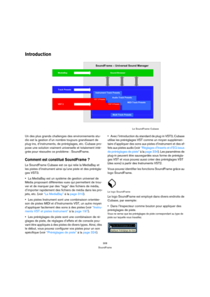 Page 308308
SoundFrame
Introduction
Un des plus grands challenges des environnements stu-
dio est la gestion d’un nombre toujours grandissant de 
plug-ins, d’instruments, de préréglages, etc. Cubase pro-
pose une solution vraiment universelle et totalement inté-
grée pour résoudre ce problème : SoundFrame.
Comment est constitué SoundFrame ?
Le SoundFrame Cubase est ce qui relie la MediaBay et 
les pistes d’instrument ainsi qu’une piste et des prérégla-
ges VST3. 
La MediaBay est un système de gestion universel...