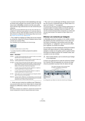 Page 317317
La MediaBay
Le menu local Tag dresse la liste alphabétique des tags 
de fichiers dans lesquels vous pouvez choisir. En haut du 
menu local, la MediaBay conserve une liste, plus petite, 
des 5 derniers tags sélectionnés lors des recherches pré-
cédentes.
Notez que vous pouvez sélectionner plus d’un tag. Vous créez alors une 
condition OU : les fichiers trouvés satisfont l’un ou l’autre des critères de 
tag. Cliquez sur OK pour définir le(s) tag(s) à rechercher. Pour plus de dé-
tails concernant la...