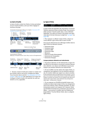 Page 3434
La fenêtre Projet
La barre d’outils
La barre d’outils contient les Outils et icônes permettant 
d’ouvrir d’autres fenêtres, ainsi que divers réglages et 
fonctions de projet :
ÖDe plus, la barre d’outils peut contenir un certain nom-
bre d’autres outils et raccourcis, invisibles par défaut. 
Vous trouverez dans la section “Les dialogues de Confi-
guration” à la page 502 des explications sur la façon de 
configurer la barre d’outils et de spécifier les outils qui 
doivent ou non y apparaître.
La ligne...