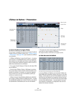 Page 383383
Les éditeurs MIDI
L’Éditeur de Rythme – Présentation
La barre d’outils et la ligne d’infos
Ce sont pour l’essentiel les mêmes que la barre d’outils et 
la ligne d’infos de l’Éditeur Clavier (voir “L’Éditeur Clavier 
– Présentation” à la page 365, avec toutefois les différen-
ces suivantes :
L’Éditeur de Rythme n’a pas d’outil Crayon – à la place, 
vous trouvez un outil Baguette (pour entrer et supprimer 
des notes) et un outil Ligne avec divers modes de lignes 
et de courbes (pour dessiner plusieurs...