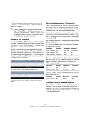 Page 402402
L’éditeur Logique, le Transformateur et le Transformateur d’Entrée
L’Éditeur Logique trouvera tous les événements corres-
pondant ou ne correspondant pas au type sélectionné 
(selon la Condition).
Recherche des propriétés
Le menu local Cible du filtre renferme une option appelée 
Propriété. Elle permet de rechercher des propriétés ne re-
levant pas de la norme MIDI, mais plutôt à des paramètres 
spécifiques aux événements dans Cubase.
Lorsque l’option Propriété est sélectionnée, la colonne 
Condition...