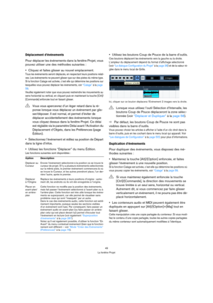 Page 4949
La fenêtre Projet
Déplacement d’événements
Pour déplacer les événements dans la fenêtre Projet, vous 
pouvez utiliser une des méthodes suivantes :
Cliquez et faites glisser au nouvel emplacement.
Tous les événements seront déplacés, en respectant leurs positions relati-
ves. Les événements ne peuvent glisser que sur des pistes du même type. 
Si la fonction Calage est activée, c’est elle qui détermine les positions sur 
lesquelles vous pouvez déplacer les événements, voir “Calage” à la page 
59....