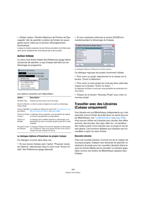 Page 489489
Gestion des fichiers
Utilisez l’option “Nombre Maximum de Fichiers de Sau-
vegarde” afin de spécifier combien de fichiers de sauve-
garde seront créés par la fonction d’Enregistrement 
Automatique.
Lorsque le nombre maximum de ces fichiers est atteint, les fichiers exis-
tants seront remplacés (en commençant par le plus ancien).
Action Initiale
Le menu local Action Initiale des Préférences (page Géné-
ral) permet de spécifier ce que Cubase doit faire lors du 
démarrage du programme. 
Les options...