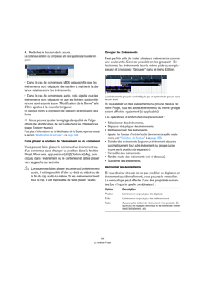 Page 5353
La fenêtre Projet
4.Relâchez le bouton de la souris.
Le conteneur est étiré ou compressé afin de s’ajuster à la nouvelle lon-
gueur.
Dans le cas de conteneurs MIDI, cela signifie que les 
événements sont déplacés de manière à maintenir la dis-
tance relative entre les événements.
Dans le cas de conteneurs audio, cela signifie que les 
événements sont déplacés et que les fichiers audio réfé-
rences sont soumis à une “Modification de la Durée” afin 
d’être ajustés à la nouvelle longueur.
Un dialogue...