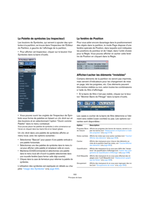 Page 532532
Principes de base
La Palette de symboles (ou Inspecteur)
Les boutons de Symboles, qui servent à ajouter des sym-
boles à la partition, se trouve dans l’Inspecteur de l’Éditeur 
de Partition, à gauche de l’affichage de la partition.
Pour afficher cet Inspecteur, cliquer sur le bouton Voir 
Symboles dans la barre d’outils. 
Vous pouvez ouvrir les onglets de l’Inspecteur de Sym-
bole sous forme de palettes en faisant un clic droit sur un 
des boutons et en sélectionnant l’option “Ouvrir comme 
Palette”...