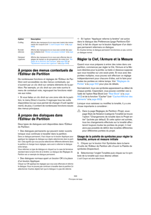 Page 533533
Principes de base
À propos des menus contextuels de 
l’Éditeur de Partition
De nombreuses fonctions et réglages de l’Éditeur de Par-
tition sont accessibles via des menus contextuels, qui 
s’ouvrent par un clic droit sur certains éléments de la par-
tition. Par exemple, un clic droit sur une note ouvrira le 
menu de contextuel note, regroupant les fonctions relati-
ves aux notes.
Si vous faites un clic droit sur une zone vide de la parti-
tion, le menu Direct s’ouvrira. Il regroupe tous les outils...