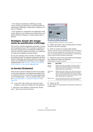 Page 549549
Transcription des enregistrements MIDI
Si le dialogue Quantification d’Affichage est déjà 
ouvert, vous pouvez sélectionner un des événements de 
quantification d’affichage, le régler dans le dialogue et cli-
quez sur Appliquer.
Pour supprimer un changement de quantification d’affi-
chage, cliquez sur son marqueur pour le sélectionner, puis 
presser [Arrière] ou [Suppr.], ou cliquez dessus dans la 
Gomme.
Stratégies: Ajouter des change-
ments de quantification d’affichage
Très souvent, la partition...