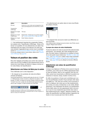 Page 553553
Entrer et éditer des notes
ÖIl est extrêmement important de comprendre l’interac-
tion existant entre “Quantification d’Affichage : Notes et Si-
lences” et la partition. Si vous sélectionnez une valeur trop 
importante pour les notes ou les silences, les notes que 
vous entrerez n’apparaîtront pas comme vous le souhaitez. 
Veuillez lire “Comment fonctionne l’Éditeur de Partition” à la page 522. 
Si vous avez mélangé triolets et notes entières, référez-vous à “Quantifi-
cation d’Affichage” à la page...