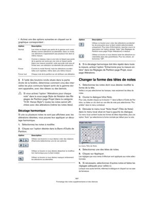 Page 587587
Formatage des notes supplémentaires et des silences
Activez une des options suivantes en cliquant sur le 
graphique correspondant :
2.À laide des boutons ronds situés dans la partie 
droite de la fenêtre, déterminez comment cinq des inter-
valles les plus communs faisant sortir de la gamme doi-
vent apparaître, avec des dièses ou des bémols.
Décalage harmonique
Si une ou plusieurs notes ne sont pas affichées avec les 
altérations désirées, vous pouvez leur appliquer un déca-
lage harmonique....