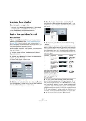Page 627627
Usage des accords
À propos de ce chapitre
Dans ce chapitre vous apprendrez :
 Comment entrer des accords manuellement et automatique-
ment à l’aide de la fonction “Créer des Accords”.
 Les réglages à faire sur les symboles d’accord.
Insérer des symboles d’accord
Manuellement
Dans l’onglet Symbole d’Accord, se trouve un ensem-
ble d’accords prédéfinis, voir “Usage des préréglages” à 
la page 628. Si le symbole que vous voulez ajouter s’y 
trouve, il suffit de le sélectionner et de cliquer dans la...