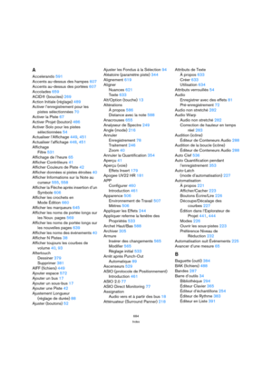 Page 684684
Index
A
Accelerando 591
Accents au-dessus des hampes 607
Accents au-dessus des portées 607
Accolades 659
ACID® (boucles) 269
Action Initiale (réglage) 489
Activer l’enregistrement pour les
pistes sélectionnées 70
Activer la Piste 67
Activer Projet (bouton) 486
Activer Solo pour les pistes
sélectionnées 54
Actualiser l’Affichage 449, 451
Actualiser l’affichage 448, 451
Affichage
Filtre 531
Affichage de l’heure 65
Afficher Contrôleurs 41
Afficher Couleurs de Piste 42
Afficher données si pistes étroites...