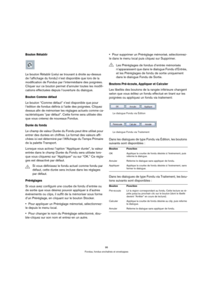 Page 9696
Fondus, fondus enchaînés et enveloppes
Bouton Rétablir 
Le bouton Rétablir (celui se trouvant à droite au-dessus 
de l’affichage du fondu) n’est disponible que lors de la 
modification de Fondus par l’intermédiaire des poignées. 
Cliquer sur ce bouton permet d’annuler toutes les modifi-
cations effectuées depuis l’ouverture du dialogue.
Bouton Comme défaut
Le bouton “Comme défaut” n’est disponible que pour 
l’édition de fondus définis à l’aide des poignées. Cliquez 
dessus afin de mémoriser les...