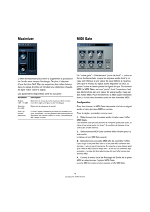 Page 1515
Les plug-ins d’effet fournis
Maximizer
L’effet de Maximizer peut servir à augmenter la puissance 
de l’audio sans risque d’écrêtage. De plus, il dispose 
d’une fonction Soft Clip qui supprime des crêtes brèves 
dans le signal d’entrée et introduit une distorsion chaude 
de type “tube” dans le signal.
Les paramètres disponibles sont les suivants :
MIDI Gate
Un “noise gate” – littéralement “porte de bruit” –, sous sa 
forme fondamentale, coupe les signaux audio dont le ni-
veau est inférieur à une...