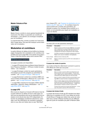 Page 5050
Les Instruments VST fournis
Master Volume et Pan
Master Volume contrôle le volume général (amplitude) de 
l’instrument. Par défaut ce paramètre est contrôlé par 
l’Enveloppe 1, pour générer une enveloppe d’amplitude 
pour les oscillateurs.
Le potentiomètre Pan contrôle la position de l’instrument 
dans l’image stéréo. Pan peut être employé comme desti-
nation de la modulation.
Modulation et contrôleurs
La partie inférieure du tableau de bord affiche les diverses 
pages d’assignation de la modulation...