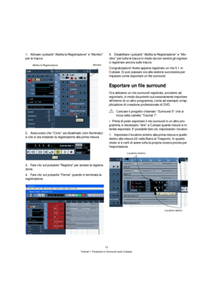 Page 7373
Tutorial 7: Produzioni in Surround (solo Cubase)
1.Attivare i pulsanti “Abilita la Registrazione” e “Monitor” 
per le tracce.
2.Assicurarsi che “Ciclo” sia disattivato (non illuminato) 
e che si sta iniziando la registrazione alla prima misura.
3.Fare clic sul pulsante “Registra” per avviare la registra-
zione.
4.Fare clic sul pulsante “Ferma” quando è terminata la 
registrazione.5.Disabilitare i pulsanti “Abilita la Registrazione” e “Mo-
nitor” per tutte le tracce in modo da non sentire gli ingressi...