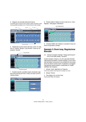 Page 7979
Tutorial 8: Editing Audio II - tempo e groove
5.Eseguire una zoomata sulla prima misura.
E possibile usare il cursore di zoom in basso a destra. Zoomare in modo 
che sia possibile visualizzare circa 18 forme donda di colpi di shaker.
6.Selezionare la prima misura del loop (i primi 16 colpi, 
fino al 17esimo). Attivare “Loop Ascolto” e fare clic sul 
pulsante “Ascolta”.
7.Durante l’ascolto, potrebbe essere necessario rego-
lare la fine del loop per fare in modo che esso scorra in 
maniera...