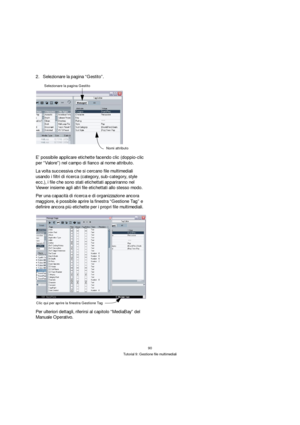 Page 9090
Tutorial 9: Gestione file multimediali
2.Selezionare la pagina “Gestito”.
E’ possibile applicare etichette facendo clic (doppio-clic 
per “Valore”) nel campo di fianco al nome attributo.
La volta successiva che si cercano file multimediali 
usando i filtri di ricerca (category, sub-category, style 
ecc.), i file che sono stati etichettati appariranno nel 
Viewer insieme agli altri file etichettati allo stesso modo.
Per una capacità di ricerca e di organizzazione ancora 
maggiore, è possibile aprire la...
