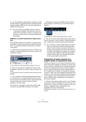 Page 117117
Funzioni di Trasposizione
4.Una volta eseguita la registrazione e quando si è soddi-
sfatti del risultato, è possibile riportare la tonalità fondamen-
tale del progetto al RE# minore e gli eventi seguiranno la 
modifica di conseguenza.
Modificare la Tonalità Fondamentale di singoli eventi o 
parti
Se si desidera verificare se un evento o una parte audio 
possiedono l’informazione relativa alla tonalità fondamen-
tale o se si desidera modificare quest’ultima, procedere 
come segue:
1.Aprire il Pool e...