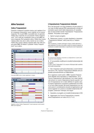 Page 119119
Funzioni di Trasposizione
Altre funzioni
Indica Trasposizioni
Quando si traspone la propria musica, può capitare di vo-
ler comparare visivamente i suoni originali con la musica 
trasposta. Per le parti MIDI, è possibile fare ciò aprendo 
l’Editor Key e facendo clic sul pulsante “Indica Trasposi-
zioni”. Ciò è utile per visualizzare come le note MIDI ver-
ranno trasposte. Se il pulsante è attivo, l’Editor Key mostra 
l’altezza della nota che si udirà, mentre se non è attivo, 
l’Editor Key mostra...