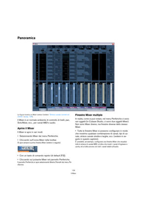 Page 124124
Il Mixer
Panoramica
La figura mostra un Mixer esteso (vedere “Strisce canale normali ed 
estese” a pag. 126).
Il Mixer è un normale ambiente di controllo di livelli, pan, 
Solo/Mute, ecc., per canali MIDI e audio. 
Aprire il Mixer
Il Mixer si apre in vari modi:
Selezionando Mixer dal menu Periferiche.
Cliccando sull’icona Mixer nella toolbar.
Si apre sempre la prima finestra Mixer (vedere in seguito).
Con un tasto di comando rapido (di default [F3]).
Cliccando sul pulsante Mixer nel pannello...