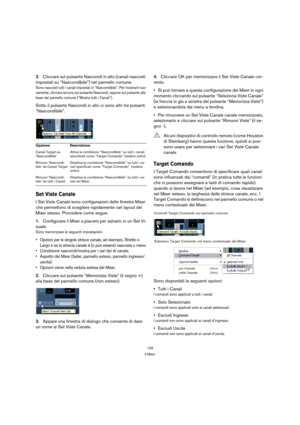 Page 129129
Il Mixer
3.Cliccare sul pulsante Nascondi in alto (canali nascosti 
impostati su “Nascondibile”) nel pannello comune.
Sono nascosti tutti i canali impostati in “Nascondibile”. Per mostrarli nuo-
vamente, cliccare ancora sul pulsante Nascondi, oppure sul pulsante alla 
base del pannello comune (“Mostra tutti i Canali”).
Sotto il pulsante Nascondi in alto ci sono altri tre pulsanti 
“Nascondibile”.
Set Viste Canale
I Set Viste Canale sono configurazioni delle finestre Mixer 
che permettono di scegliere...