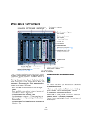 Page 130130
Il Mixer
Strisce canale relative all’audio 
Il Mixer in modalità normale (fader e veduta Routing visibili), visualizza 
(da sinistra a destra): il pannello comune, un canale audio stereo, un 
canale Gruppo, un canale Instrument, un canale Return effetto ed una 
striscia canale VST Instrument.
Tutti i tipi di canale relativi all’audio (Audio, traccia Instru-
ment, canali ingresso/uscita, Gruppo, Return effetto, VST 
Instrument e ReWire) in pratica hanno la stessa striscia 
canale, con le seguenti...