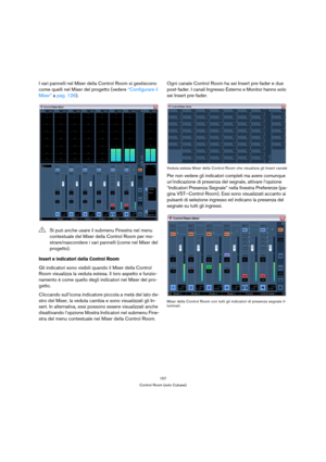 Page 157157
Control Room (solo Cubase)
I vari pannelli nel Mixer della Control Room si gestiscono 
come quelli nel Mixer del progetto (vedere “Configurare il 
Mixer” a pag. 126).
Insert e indicatori della Control Room
Gli indicatori sono visibili quando il Mixer della Control 
Room visualizza la veduta estesa. Il loro aspetto e funzio-
namento è come quello degli indicatori nel Mixer del pro-
getto.
Cliccando sull’icona indicatore piccola a metà del lato de-
stro del Mixer, la veduta cambia e sono visualizzati...