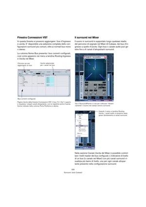 Page 205205
Surround  (solo Cubase)
Finestra Connessioni VST
In questa finestra si possono aggiungere i bus d’ingresso 
e uscita. E’ disponibile una selezione completa delle con-
figurazioni surround più comuni, oltre ai normali bus mono 
o stereo.
La colonna Nome Bus presenta i bus correnti configurati, 
così come appaiono nei menu a tendina Routing Ingresso 
e Uscita nel Mixer.
Pagina Uscite della finestra Connessioni VST. Il bus “5.1 Out” è aperto 
e visualizza i singoli canali altoparlante, con le rispettive...