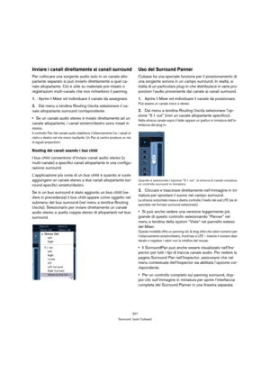 Page 207207
Surround  (solo Cubase)
Inviare i canali direttamente ai canali surround
Per collocare una sorgente audio solo in un canale alto-
parlante separato si può inviarlo direttamente a quel ca-
nale altoparlante. Ciò è utile su materiale pre-mixato o 
registrazioni multi-canale che non richiedono il panning.
1.Aprire il Mixer ed individuare il canale da assegnare.
2.Dal menu a tendina Routing Uscita selezionare il ca-
nale altoparlante surround corrispondente.
Se un canale audio stereo è inviato...