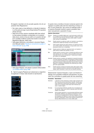 Page 257257
L’Editor dei Campioni
Di seguito è riportato ciò che accade quando si fa clic sul 
pulsante Auto Regolazione:
 Se è stato creato un loop definendo un intervallo di selezione 
in un file audio più lungo, il punto Snap (simbolo P) si sposterà 
all’inizio del loop.
 Nella forma d’onda, verranno visualizzate delle linee verticali. 
Le linee spesse dovrebbero corrispondere con le posizioni 
delle misure, mentre le linee più sottili con le posizioni dei bat-
titi. E’ possibile modificare queste linee...