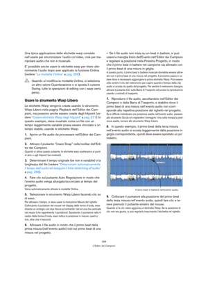 Page 269269
L’Editor dei Campioni
Una tipica applicazione delle etichette warp consiste 
nell’usarle per sincronizzare l’audio col video, cioè per ma-
nipolare audio che non è musicale.
E’ possibile anche usare le etichette warp per tirare ulte-
riormente l’audio dopo aver applicato la funzione Ordina 
(vedere “La modalità Ordina” a pag. 258).
Usare lo strumento Warp Libero 
Le etichette Warp vengono create usando lo strumento 
Warp Libero nella pagina Playback dell’Editor dei Cam-
pioni, ma possono anche essere...