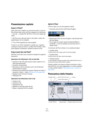 Page 281281
Il Pool
Presentazione capitolo
Cosa è il Pool?
Ogni volta che si registra su una traccia audio, si crea un 
file sull’hard-disk; anche nel Pool è aggiunto un riferimento 
– una clip – a questo file. Nel Pool ci sono due regole ge-
nerali:
Nel Pool sono elencate tutte le clip audio e video che 
appartengono ad un progetto.
C’è un Pool separato per ogni progetto.
Il modo in cui il Pool visualizza le cartelle con i rispettivi 
contenuti è simile al modo in cui Mac OS X Finder e Win-
dows Explorer...