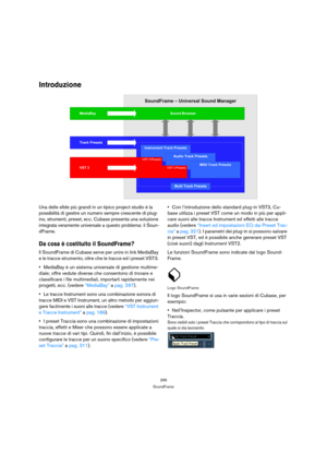 Page 295295
SoundFrame
Introduzione
Una delle sfide più grandi in un tipico project studio è la 
possibilità di gestire un numero sempre crescente di plug-
ins, strumenti, preset, ecc. Cubase presenta una soluzione 
integrata veramente universale a questo problema: il Soun-
dFrame.
Da cosa è costituito il SoundFrame?
Il SoundFrame di Cubase serve per unire in link MediaBay 
e le tracce strumento, oltre che le tracce ed i preset VST3. 
MediaBay è un sistema universale di gestione multime-
diale; offre vedute...