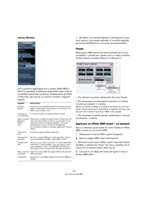 Page 333333
Parametri ed effetti MIDI
Sezione Mandate
Qui si possono aggiungere fino a quattro effetti MIDI in 
Send (in mandata). A differenza degli effetti audio in Send 
è possibile selezionare ed attivare singolarmente gli effetti 
in Send per ogni traccia. La sezione contiene i seguenti 
oggetti:ÖGli effetti i cui controlli appaiono nell’Inspector si pos-
sono aprire in una finestra pannello di controllo separata 
premendo [Alt]/[Option] e cliccando sul pulsante Edit.
Preset
Molti plug-in MIDI hanno una...