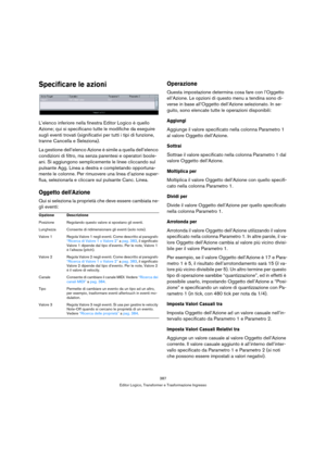 Page 387387
Editor Logico, Transformer e Trasformazione Ingresso
Specificare le azioni
L’elenco inferiore nella finestra Editor Logico è quello 
Azione; qui si specificano tutte le modifiche da eseguire 
sugli eventi trovati (significativi per tutti i tipi di funzione, 
tranne Cancella e Seleziona).
La gestione dell’elenco Azione è simile a quella dell’elenco 
condizioni di filtro, ma senza parentesi e operatori boole-
ani. Si aggiungono semplicemente le linee cliccando sul 
pulsante Agg. Linea a destra e...