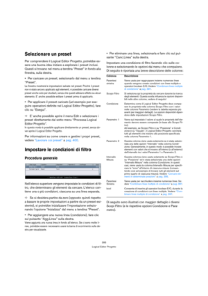 Page 393393
Logical Editor Progetto
Selezionare un preset
Per comprendere il Logical Editor Progetto, potrebbe es-
sere una buona idea iniziare a esplorare i preset inclusi. 
Questi si trovano nel menu a tendina “Preset” in fondo alla 
finestra, sulla destra.
Per caricare un preset, selezionarlo dal menu a tendina 
“Preset”.
La finestra mostrerà le impostazioni salvate nel preset. Poichè il preset 
non è stato ancora applicato agli elementi, è possibile caricare diversi 
preset anche solo per studiarli, senza...